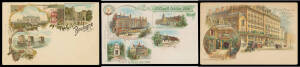 Chromolitho selection comprising "Der Wassersturz im Victoria Park", "Souvenir de Boulogne sur Mer", "Chateau de Meudon" (small repaired tear), "Les Pyramides de Gizeh", "Tower Bridge", "First Avenue Hotel London" (a little aged) & "St Enoch Station Hotel