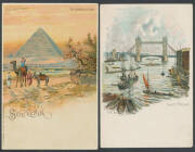 Chromolitho selection comprising "Der Wassersturz im Victoria Park", "Souvenir de Boulogne sur Mer", "Chateau de Meudon" (small repaired tear), "Les Pyramides de Gizeh", "Tower Bridge", "First Avenue Hotel London" (a little aged) & "St Enoch Station Hotel - 2