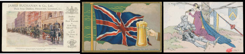 ADVERTISING: ALCOHOL: Group of mostly British Cards including "poster" Cards for Black Swan Distillery ("Private Horse Parade..."), "Black & White" Scotch Whisky (Polo, with Indian agents' details added), Old Orkney Whisky (Love Boat), W&A Gilbey's Ports