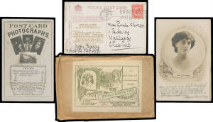 ADVERTISING: POSTCardS: Mostly British bundle of mainly Topographicals overprinted handstamped or roneo'd on the address side for postCard wholesalers including Owen Meredith, John Thridgould, GW Wilson, Sandle Brothers, Rock Bros (including a discounted 