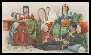 ADVERTISING: SEWING MACHINES: c.1910 (?) American postCard-size Cards with advertising for the Singer Manufacturing Co being artist Cards featuring National Costumes & Sewing Machines used in some unlikely places including Albania, Georgia & Turkestan, so