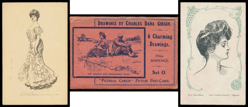 ARTIST CardS: One-frame exhibit of the "Gibson Girl" from various series including "The Education of Mr Pipp", "Pictorial Comedy" & "Life's Comedy", also a couple of WWI patriotics & a superb "Golf" set of 6 in the original packet (which, unusually, is ve