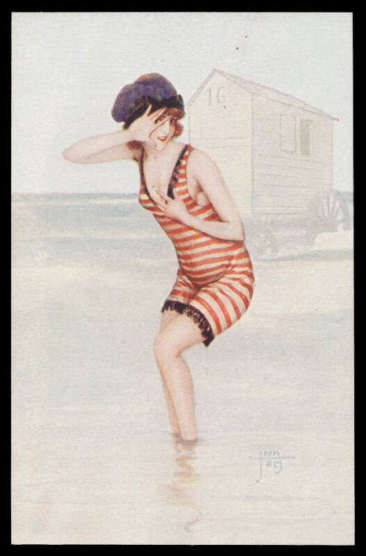 ARTIST CardS: JEAN JAM: early-1900s Libraire de l'Estampe "Les Baigneuses" (Ladies in Bathing Costumes including with a Crab, a Camera & two with a Bathing Box) set of 7, very fine unused; also the original wrapper in unusually fine condition. Ex Keith Ha