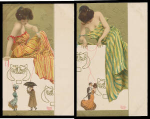 ARTIST CardS: HM & Co (London) "Marionettes" with Undivided Backs, different designs of a scantilly clad female puppet-master manipulating a courting couple, minor blemishes, unused. Ex Keith Harrison. [These Cards feature geometric symbol "perfins" that 