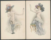 ARTIST CardS: M MUNK (Vienna): early-1900s Divided Backs Erotica "Ah! qu'on s'ennuie!" & "Petit dejeuner matinal", set (?) of 8 with Topless Ladies & Amazing Hats (a few minor blemishes), six of Stylish Ladies with Plain Backs (proofs?, plus one of these - 3