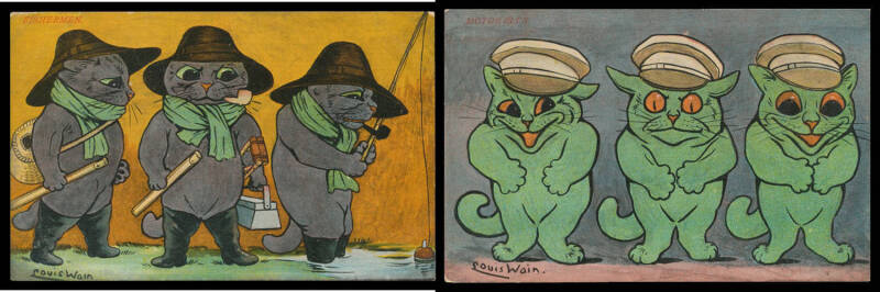 ARTIST CardS: British pre-World War I Max Ettlinger & Co Three Cats "Fishermen" and "Motorists", unused. Ex Keith Harrison, who noted these are among the scarcest Cards in Louis Wain's catalogue.