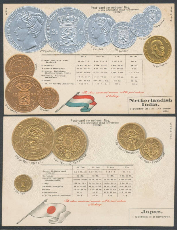 COIN CardS: Undivided Backs for Mexico and Turkey, Divided Backs x14 including for Japan x2 different, Brazil, Turkey, British India and Ceylon, Dutch Indies, Bulgaria etc, all with inset exchange rates, fine to very fine, mostly unused. (16)