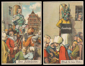 CRIME & PUNISHMENT: German coloured artist Cards depicting medieval punishments with Stocks, Ducking Stool & various other humiliations, victims include quarrelsome women, an under-performing musician, a Card cheat, etc, various publishers, unused. Deligh