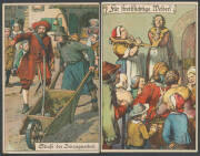 CRIME & PUNISHMENT: German coloured artist Cards depicting medieval punishments with Stocks, Ducking Stool & various other humiliations, victims include quarrelsome women, an under-performing musician, a Card cheat, etc, various publishers, unused. Deligh - 2