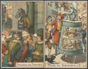 CRIME & PUNISHMENT: German coloured artist Cards depicting medieval punishments with Stocks, Ducking Stool & various other humiliations, victims include quarrelsome women, an under-performing musician, a Card cheat, etc, various publishers, unused. Deligh - 4