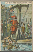 CRIME & PUNISHMENT: German coloured artist Cards depicting medieval punishments with Stocks, Ducking Stool & various other humiliations, victims include quarrelsome women, an under-performing musician, a Card cheat, etc, various publishers, unused. Deligh - 5