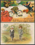 CYCLING: Mostly British group including Star Series "Bicycle Race - a Hot Pace", EFA "Scottish Cyclists resisting Cavalry" (hilarious!, superb unused), real photo types x7 of Proud Owners - including Suffragettes (?) x3 - & their Mounts, a few humorous Ca - 4