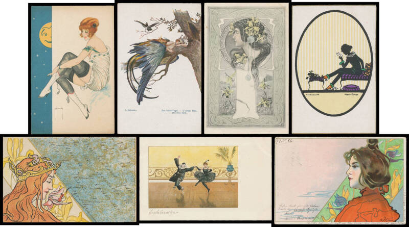 GLAMOUR: Stimulating Art Nouveau group from Britain & Europe with many exceptional designs & exquisite printing, Undivided Backs x44, a few sets (?) of 4 or 6 Cards including Pierrot & the Ballerina x6 (superb), Lecherous Moon x4, Carl Josza "Vor dem Spie