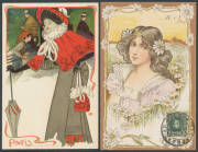 GLAMOUR: Stimulating Art Nouveau group from Britain & Europe with many exceptional designs & exquisite printing, Undivided Backs x44, a few sets (?) of 4 or 6 Cards including Pierrot & the Ballerina x6 (superb), Lecherous Moon x4, Carl Josza "Vor dem Spie - 2