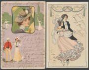 GLAMOUR: Stimulating Art Nouveau group from Britain & Europe with many exceptional designs & exquisite printing, Undivided Backs x44, a few sets (?) of 4 or 6 Cards including Pierrot & the Ballerina x6 (superb), Lecherous Moon x4, Carl Josza "Vor dem Spie - 3