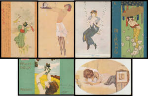 GLAMOUR: Artist Cards by Raphael Kirchner in various styles including Art Nouveau, Art Deco and two faux Japanese, publishers include Le Coq Matheral & Bernard (Paris) x3 & Bruton Galleries (London) x7 (two are damaged at the base), some are quite saucy &