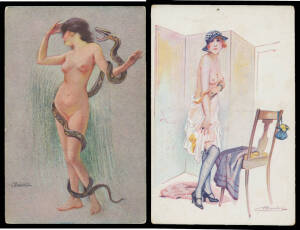 GLAMOUR: Artist Cards by Suzanne Meunier in various styles mostly of ladies in various stages of undress, one of a nude encoiled by a python, one rather knocked-about, the others with minor soiling/blemishes. Ex Bronte Watts. (10)