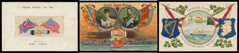 HANDS ACROSS THE SEA: Five albums of HATS & similar themes with numerous Hand Shakes, lots of flowers & schmaltz, shamrocks & kitsch but some better content, noted six "silks" including "Hands Across the Sea/RMS Cymric", 1908 Visit of the American Fleet,