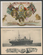 HANDS ACROSS THE SEA: Five albums of HATS & similar themes with numerous Hand Shakes, lots of flowers & schmaltz, shamrocks & kitsch but some better content, noted six "silks" including "Hands Across the Sea/RMS Cymric", 1908 Visit of the American Fleet, - 2