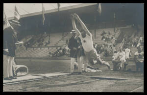 OLYMPIC GAMES: 1912 Stockholm nine official real photo Cards with Swedish/English captions including "Inauguration of the stadium", "The football final: a turned-off attack", a Canadian swimmer who set 4 world records, a Swede diving into a sandpit, a Rus