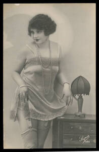 PORTRAITS: Collection of real photo Cards of Ladies that can be sub-categorised as Glamour, Costumes including Hats & Bathing Suits, Romance & Nudity (including a few full-frontals), some highly suggestive subjects for the era, condition variable but gene