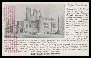 ROYALTY 1902 Current Event PostCards for the Coronation with photo of Westminster Abbey & lengthy facsimile "written" letter datelined "London, June 26,1902" but overprinted in red "June 14, 1902. The world was gravely shocked...the King had undergone an 