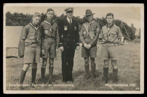 SCOUTING: Dutch group comprising 1914 of a "Padvibnder" (= scout) on his bicycle, 1937 Jamboree five real photo types (four with the Jamboree cds, the other soiled on the address side) & 1950 idyllic scene; also Sweden 1935 real photo "Scoutchefen Major E