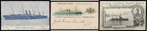 SHIPPING: Album with strong Australian content including 16 beautiful AUSN Cards, Jolley 1901 Federation "The Royal Arthur", 1905 "Wreck RMS Orizaba...off Fremantle", superb real photo of University Rowing Eights alongside HMS Psyche, several chromo-litho