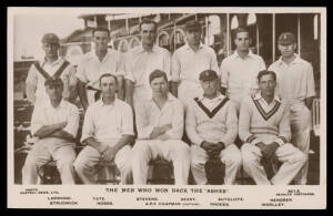 SPORT RUGBY: 1929 Beagles real photo of the English Test Team "The Men who Won back the Ashes" with Percy Chapman (Captain), Harold Larwood, Jack Hobbs & Wilfred Rhodes etc, unused.