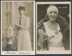 SPORT Real photo Cards of 6-time Wimbledon Ladies Champions "Mrs Hillyard" (with trophy) & "Mdlle Lenglen" autographed "Blanche Hillyard" & "Suzanne Lenglen", unused. Superb duo. Ex Keith Harrison. (2)