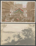 1908 Visit of the American "Great White Fleet" comprising real photos of arrival in Sydney x2 (one hand-tinted) & in Melbourne, Walter Davies Celebrations x2, Kimbel & Co and Crown Studios Military Review, Martin Place Bedecked, hand-tinted "On Deck of C - 2