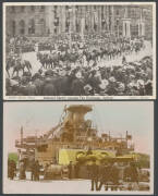 1908 Visit of the American "Great White Fleet" comprising real photos of arrival in Sydney x2 (one hand-tinted) & in Melbourne, Walter Davies Celebrations x2, Kimbel & Co and Crown Studios Military Review, Martin Place Bedecked, hand-tinted "On Deck of C - 4