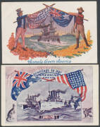 1908 Visit of the American "Great White Fleet" better Cards 1) The Fleet & Crossed Flags "Greetings to our American Friends", unused; 2) Robert Jolley Uncle Sam & Bushman with Crossed Flags "Australia Greets America", unused; 3) Theodore Roosevelt, Alfre - 2