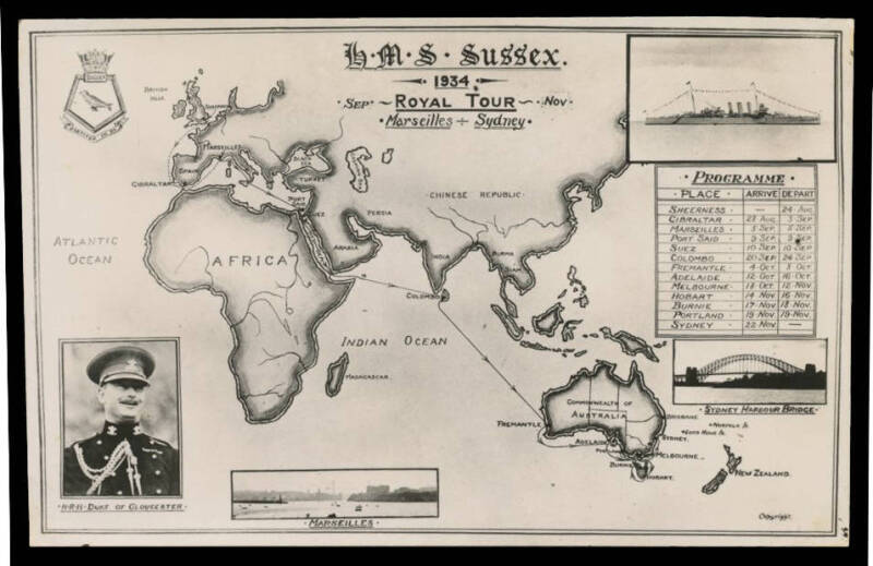 1934 Royal Visit real photo "HMS Sussex/1934/Royal Tour" with illustration of the route from GB to Australia plus photos of the ship, Sydney Harbour Bridge & the Duke of Gloucester, ink note on reverse, unused.