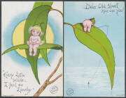 ARTIST CardS: MAY GIBBS: Selection of her whimsical Gumnut Babies comprising "Gumnut Series" No 4 5 9 10 & 12, and "We're still alive and kicking", #4 & 5 are unused, #12 with abrasions on the address side; also a gumnut bookmark & "Pearling in the Nor We - 2