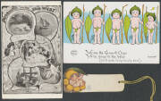 ARTIST CardS: MAY GIBBS: Selection of her whimsical Gumnut Babies comprising "Gumnut Series" No 4 5 9 10 & 12, and "We're still alive and kicking", #4 & 5 are unused, #12 with abrasions on the address side; also a gumnut bookmark & "Pearling in the Nor We - 3