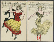 ARTIST CardS: Harding & Billings humorous ballroom dancing comprising "The Cakewalk", The Lancers", "The Polka", "The Skirt Dance", "The Waltz" & "The Gavotte", some minor toning/discolouration on the view sides, unused. A rare set. (6) - 2