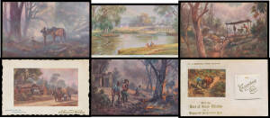 ARTIST CardS: JA TURNER: Extensive collection of Bush Scenes from various series, noted as being almost complete "Total needed 7"(!), some scenes are duplicated but have different colouration or embellishments etc & some have advertising for Swallow & Ar