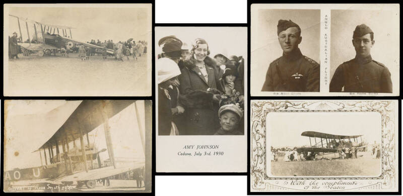 AVIATION: Real photo group comprising 1920 "Sir Ross Smith & Sir Keith Smith" (creased) & "Arrival of Ross Smith 23.3.20" (the Vickers "Vimy" at Darwin), Adelaide Wine & Spirit Co advertising Card "Capt B Hinkler AFC arrives in Australia and is welcomed b