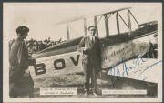 AVIATION: Real photo group comprising 1920 "Sir Ross Smith & Sir Keith Smith" (creased) & "Arrival of Ross Smith 23.3.20" (the Vickers "Vimy" at Darwin), Adelaide Wine & Spirit Co advertising Card "Capt B Hinkler AFC arrives in Australia and is welcomed b - 2