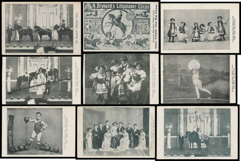 ENTERTAINMENT: "Zeynard's Marvellous Midget Circus/Tiny Town - the Big Show" x8 three with 'SWIFT PRINT SYD' on the address side, Liliputaner Circus x2 (one with notation re performance in Adelaide in November 1911) & Specialty Troup x2, a few faults but