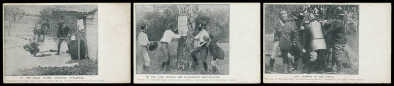 ENTERTAINMENT: c.1907 Colonial Picture Combine "The Story of the Kelly Gang" Numbers 1 "Ned Kelly Shoots Constable Fitzpatrick" to 12 "Ned Kelly in Armour" missing only Number 10, unused & generally fine to very fine. Ex Bronte Watts. Filmed in 1906, th