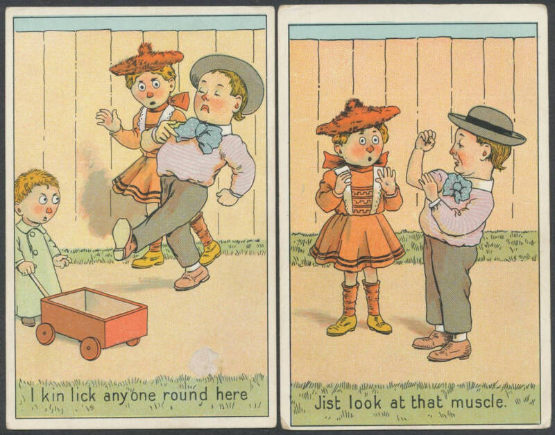 HUMOUR: "The Bully" set of 6 from the swaggering "I kin lick anyone round here" to the battered & tearful "I could a licked him if I'd wanted to", unused. [See also between Lots 266 & 282] (6)