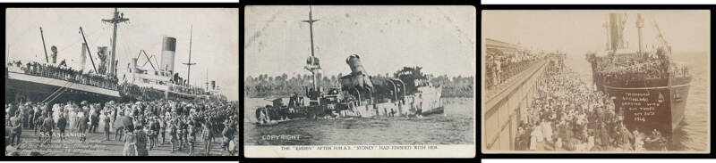 MILITARY - VARIOUS: Attractive mostly World War I naval group including six related to the sinking of the "Emden", HMAS "Australia" group, several of departing troopships, etc, a number are real photo types including "Surrender of the German Fleet", condi