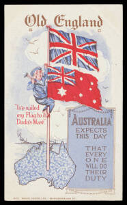 PATRIOTISM: 1914 (?) David Jones Ltd of child-sailor nailing the Australian flag below the Union Jack "...Australia expects this day that every one will do their duty", very minor blemishes on the address-side, unused. Rare. [The use of children in such c