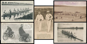 SPORT - VARIOUS: Mounted group with Tennis x16 mostly real photo types including the Darwin (?) Tennis Club (used at Darwin in 1911) and 1933 ABC Wimbledon Card of Jack Crawford & Ellsworth Vines, also basketball, women's hockey, fishing, cycling, wrestli