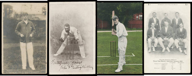 SPORT CRICKET: Australian Test Players early group comprising Warwick Armstrong, John ("Jack") Blackham, Joe Darling x2 different, J Laver, MA ("Monty") Noble x2 different & Victor Trumper x2 different, triptych of Clem Hill Monty Noble & Joe Darling, 192