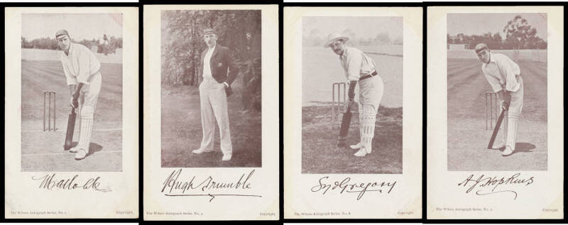 SPORT c.1910 Wilson Autograph Series photos & facsimile signatures of Monty Noble, Victor Trumper, Hugh Trumble, James Kelly, Clem Hill, RA Duff, WP Howell, Syd Gregory, AJ Hopkins, Warwick Armstrong, Chas McLeod & DRA Gehrs being the complete set of 12,