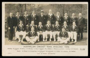 SPORT 1934 Photo-Work real photo "Australian Cricket Team, England, 1934" including Bill Brown, Bill ("Tiger") O'Reilly, Joe Darling, Clarrie Grimmett, Don Bradman (vice-captain), Bill Woodfull (Captain), Stan McCabe, Bert Oldfield & Bill Ponsford, unused