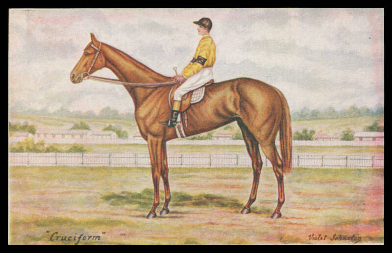 SPORT HORSE RACING: Art Series Racehorses & Jockeys artist Cards by Violet Johnston comprising "Acrasia", "FJA", "Sylvanite", "Gladsome", "Fitzgrafton" & "Cruciform", some discolouration on the address sides doesn't affect the very fine facial appearance